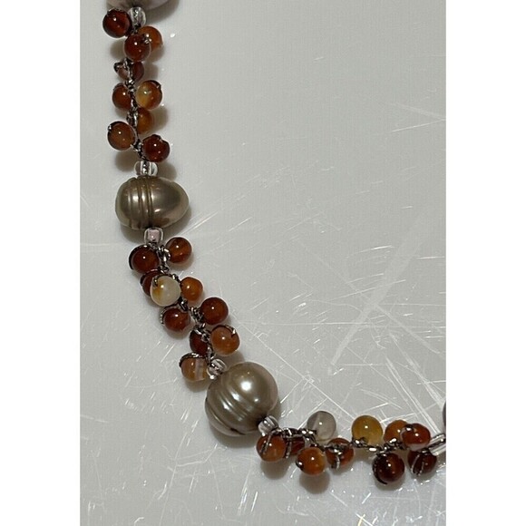 925 Sterling Light Grey Fresh Water Pearls/Wire Wrapped Carnelian Necklace 16in - Picture 1 of 9